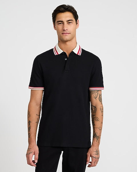 Striped Collar Luxe Pique Polo