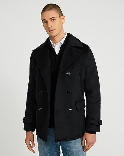 Black Wool-Blend Peacoat